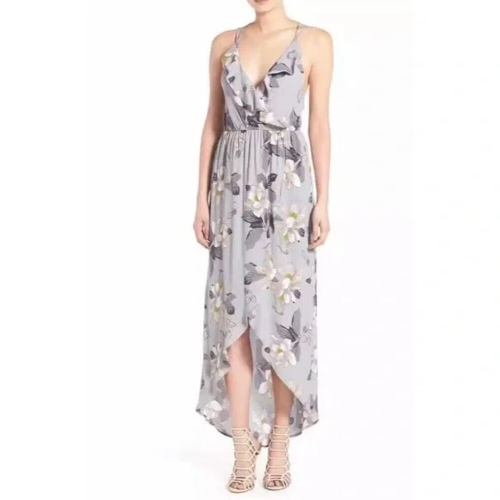 ASTR The Label Ruffle Surplice Gray Multicolor Floral High Low Maxi Dress Size M